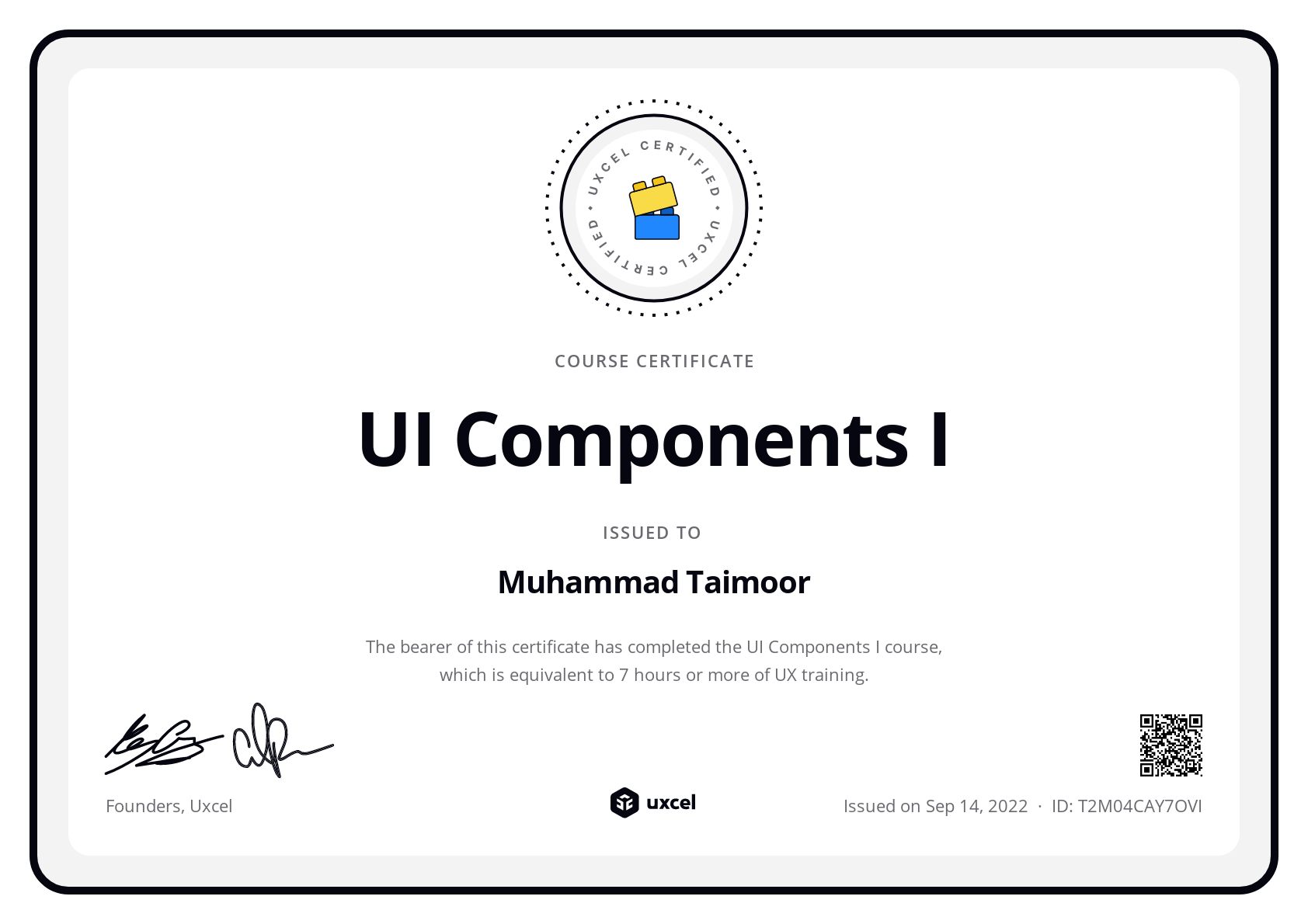 Muhammad Taimoor's certificate